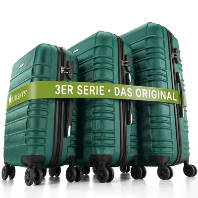 Produktbild von Juskys Hartschale Kofferset Reisekoffer 3 teilig - Zahlenschloss, geräuscharme 360° Rollen groß, Teleskopgriff, leicht - Koffer in Dunkelgrün
