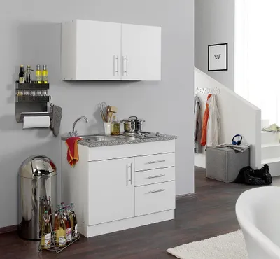 Produktbild von Held Miniküche Toronto, weiß matt, 100 cm, mit Geräten, anpassbare Ausschnitte, wechselbare Türanschläge, Melamin, Kunststoff, Metall, Edelstahl