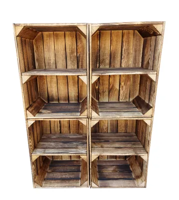 Produktbild von 4er Holzkisten Geflammte mit Regal - 40x30x24 cm - Dekorative Aufbewahrungsboxen aus Holz