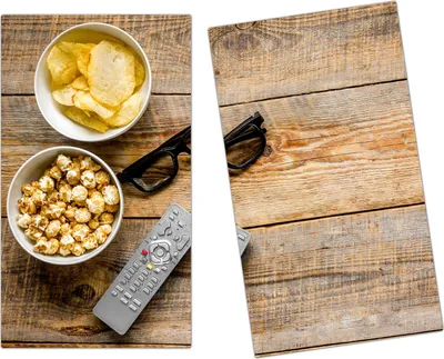 Produktbild von Spritzschutz Herdabdeckplatte Schneidebrett aus Glas Snacks und Sonnenbrille 2-Teilig (60x52cm)
