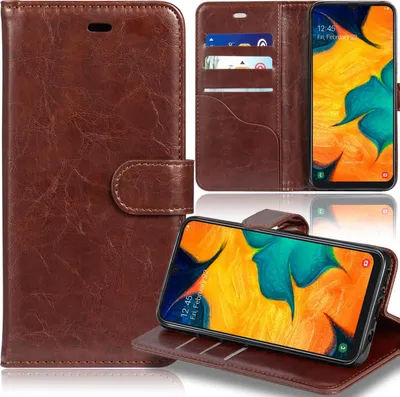 A brown leather wallet-style phone case with a Samsung Galaxy A30 phone inside.