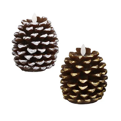 Two pinecone-shaped LED candles on a white background.