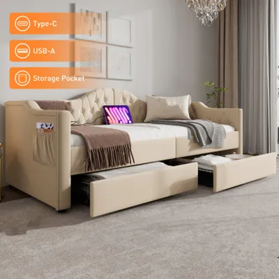 Produktbild von Polsterbett, Daybett Schlafsofa Stauraumbetten Bettgestell mit USB Type C Ladefunktion und 2 Schubladen 90x200cm Samt in Beige Samt