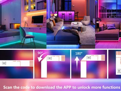 Collage of different room settings with LED strip lights and diagrams showing how to bend the LED strips.