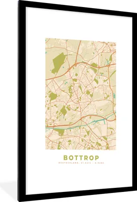 Produktbild von MuchoWow® Gerahmtes Poster Bottrop - Karte - Vintage - Stadtplan - Grundriss 60x90 cm - Poster mit Schwarzem Bilderrahmen Wandposter Rahmen Foto Bilder - Dekoration - Wandposter Wohnzimmer - Hochwertig