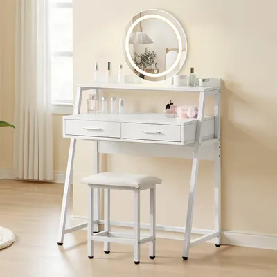 Productafbeelding van Make-up tafel met LED-spiegel en kruk, 80x40x134 cm, wit