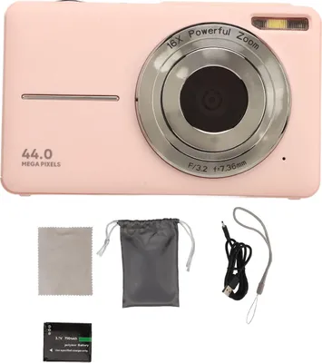 Obrázek produktu pro Digitální fotoaparát pro teenagery a děti, 44 MP, 1080p, HD, 16násobný zoom, automatické zaostřování, kompaktní kapesní fotoaparát, cestování, vlogování, růžová, zástrčka pro EU