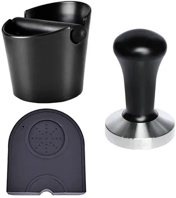 Productafbeelding van Unyqoos® Klopfbox-set met tamper en tampermatje – Klopfbox voor espresso, zwart, siliconen & roestvrij staal, barista-accessoire