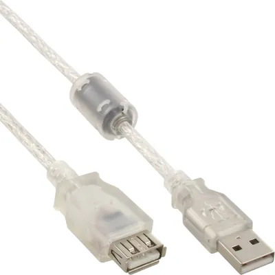 Produktbild von InLine USB 2.0 Verlängerung, St/Bu, Typ A, transparent, mit Ferritkern 0,5m, 0,5 m, USB A, USB A, USB 2.0, Stecker/Buchse, Transparent