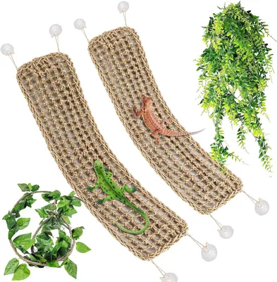 Produktbild von Reptilien Hängematte Terrarium Zubehör aus Seegras, Bartagame Kletterplattform mit Saugnapf, für Gecko Chamäleon und Schlangen