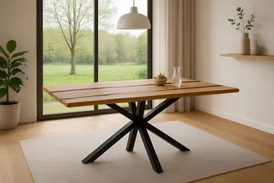 Produktbild von Esstisch Pedro | 140 x 80 cm | Akazienholz massiv | Farbe: Natur | Resin/Epoxidharz-River in Schwarz | echte Baumkante | Spider-Gestell Metall Schwarz