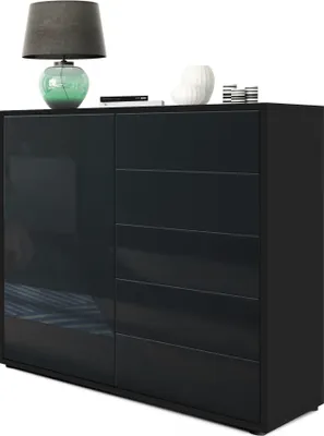Produktbild von Vladon Sideboard Ben V2,  Germany, Kommode mit 1 Tür und 5 Schubladen, Schwarz matt/Schwarz Hochglanz (79 x 74 x 36 cm)