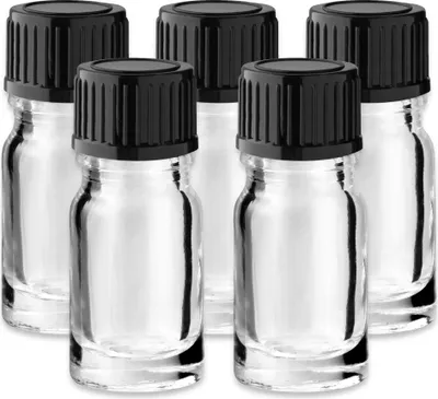 Produktbild von 5x Klare Glasflasche 5 ml mit schwarzem Kunststoff Schraubverschluss