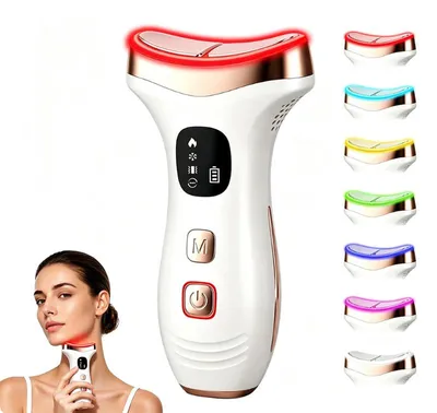 Produktbild von Gesichtsmassagegerät 7-in-1, Gesichts- & Halsmassagegerät mit Wärme & Kälte, EMS, 7 LED-Lichtfarben, Vibration, USB-aufladbar, Gua-Sha-Massage