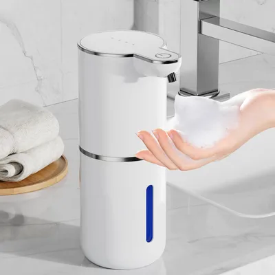 Productafbeelding van Automatische zeepdispenser, elektrische schuimzeepdispenser, USB-oplaadbaar, 4 standen instelbaar, 380 ml, voor wandmontage, geschikt voor badkamer/keuken/afwasmiddel, wit