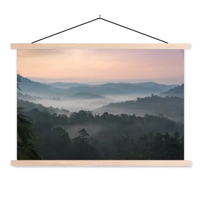 Produktbild von MuchoWow® Textilposter Wald - Sonne - Nebel 120x80 cm mit holzfarbenen Rahmen - Aufhängeset