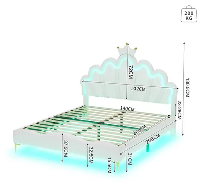 Produktbild von Kinderbett 140x200 cm - LED Einzelbett - Gepolstertes Holzbett - Mit Lattenrost - Verstellbares Kopfteil - Ohne Stauraum - Ohne Matratze - Weiß