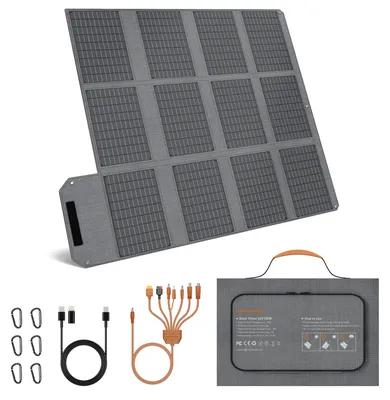 Immagine prodotto di Pannello solare portatile da 120W - Caricabatterie solare pieghevole - Efficienza del 24% - Monocristallino ETFE - 8 pannelli - Uscite USB-C/USB-A/DC - Ideale per campeggio, camper e emergenze