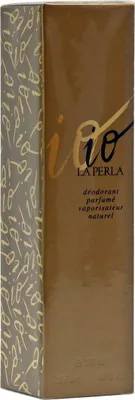 Goldfarbene Verpackung von La Perla Io Deodorant Parfumé, 100 ml, mit glänzender Front, schwarzer Schrift und dekorativem Muster an den Seiten.