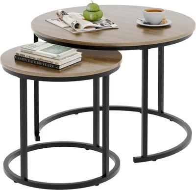 Productafbeelding van Ronde salontafelset voor woonkamer, slaapkamer, balkon of kantoor, 60 cm, zwart en eikenhout