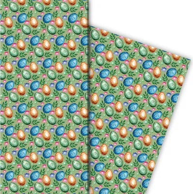 Produktbild von Edles gemaltes Oster Geschenkpapier mit bunten Ostereiern, grün - G8075, 32 x 48cm