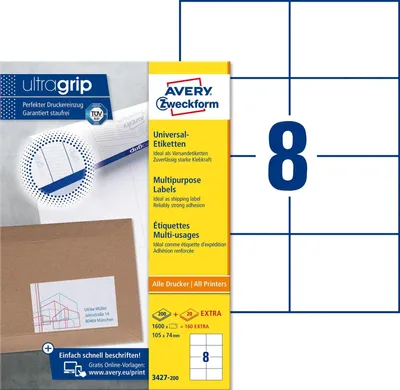 Zdjęcie produktu dla Avery 3427, Biały, Samoprzylepne etykiety do drukowania, Papier, Laser/Atrament, Na stałe, Uniwersalne
