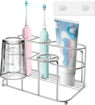 Produktbild von Zahnbürstenhalter Wand Elektrische Zahnbürsten Halterung ohne Bohren Selbstklebend, Edelstahl Zahnpasta Halter Zahnputzbecher Aufbewahrung für Badezimmer, Silber