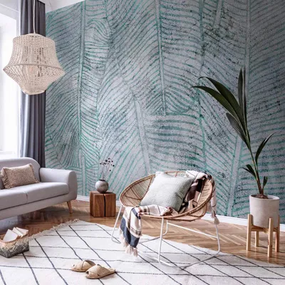 Produktbild von Vlies Fototapete - Banana leaves - plant motif blue lineart nature with pattern 200x140 cm Blätter b-C-0860-a-a