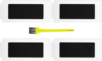 Four black filters and a yellow cleaning brush are arranged on a white background.