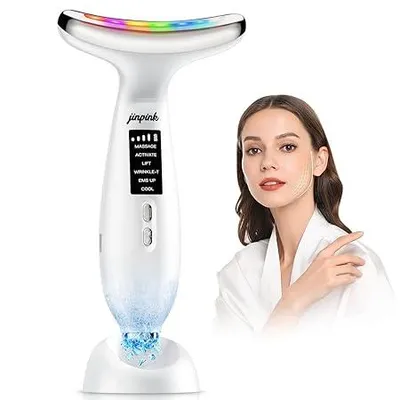 Immagine prodotto di Dispositivo per il massaggio facciale antirughe con tecnologia EMS, funzione di raffreddamento a 5 °C e riscaldamento a 45 °C, Gua Sha elettrico, 6 modalità e LED a 7 colori – Dispositivo di bellezza per il collo
