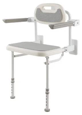 Image de Siège de douche pliable à fixer au mur (58 x 48 x 75 cm), tabouret pliable mural avec dossier et accoudoirs, et pieds réglables