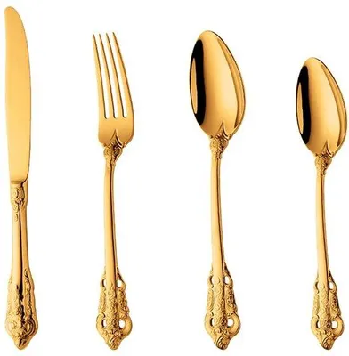 Immagine prodotto di Set di posate Unyqoos® da 4 pezzi, in acciaio inossidabile lucido, con design ispirato all'antico, ideale per occasioni speciali, lavabile in lavastoviglie, ergonomico