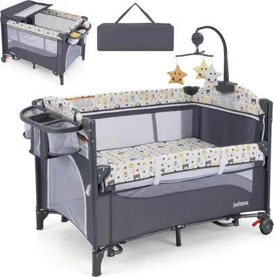 Produktbild von GOPLUS 5 in 1 Kinderreisebett, höhenverstellbares Babybett mit abnehmbarem Wickeltisch, Aufbewahrungskorb & Spielzeug, Grau