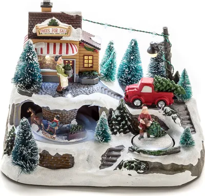 Produktbild von Konstsmide LED Szenerie Weihnachtsbaumverkauf mit Animation und 8 klassischen Weihnachtsliedern, wählbare Energieversorgung, 9 kalt weiße Dioden, 4.5V Trafo/batteriebetrieben, Innen, transparentes Kabel - 3447-000