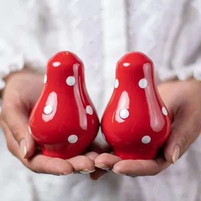 Image de Salière et poivrière en céramique, rouges et blanches, lot de 3, avec support