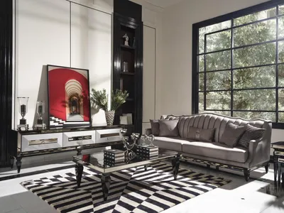 Zdjęcie produktu dla Zestaw sofa 4 osobowa tkanina sofa stolik kawowy szary stolik pod telewizor zestaw 3szt