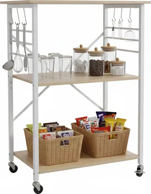 Image de Chariot de cuisine Relaxdays, 3 niveaux, avec 6 crochets, métal, chariot de cuisine, maison et bureau, dimensions : 89 x 60 x 40 cm, blanc naturel