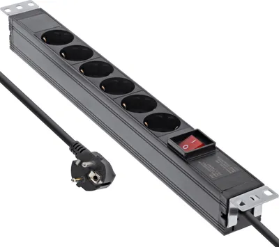 Produktbild von InLine 19" Steckdosenleiste, 6-fach Schutzkontakt, mit Schalter, 2m, schwarz, 6 AC-Ausgänge, 3680 W, 1,5 mm², Schwarz, Aluminium, Kunststoff, Aluminium, Kunststoff