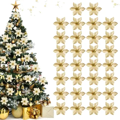 Productafbeelding van Kerstdecoratie bloemen - Set van 30 - Bloem voor kerstversiering - Sneeuwvlokken decoratie - Kerstbomen