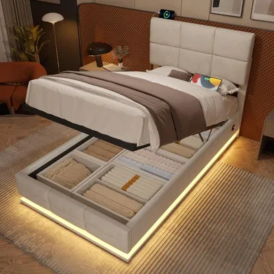 Productafbeelding van Boxspringbed 90x200 cm met opbergruimte, fluweelbed in beige kleur met verstelbaar hoofdeinde, USB/Type-C poorten en LED-verlichting voor de slaapkamer