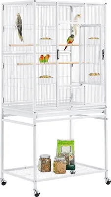 Produktbild von Yaheetech Vogelkäfig mit Ständer mit Rollen & Regal, Vogelbauer Vogelhaus für Nymphensittiche Papageien, Weiß