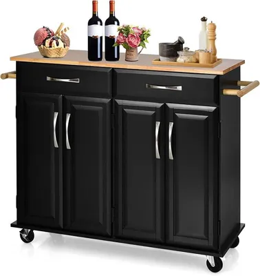 Produktbild von Küchenwagen mit Arbeitsplatte, Servierwagen mit Rollen, Küchenschrank mit 2 Schubladen & 2 Handtuchhaltern & 4 Türen, Kücheninsel mit verstellbaren Regalen, Küchentrolley Holz 122x48x92,5 cm