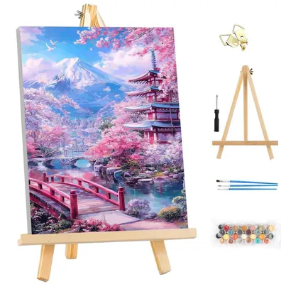 Immagine prodotto di Kit per dipingere per adulti, con cornice, raffigurante un paesaggio giapponese, da realizzare con colori acrilici su tela, dimensioni 25x35 cm, multicolore