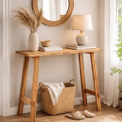Produktbild von Massivholz Konsolentisch NIRONA 90cm recyceltes Teakholz Konsole