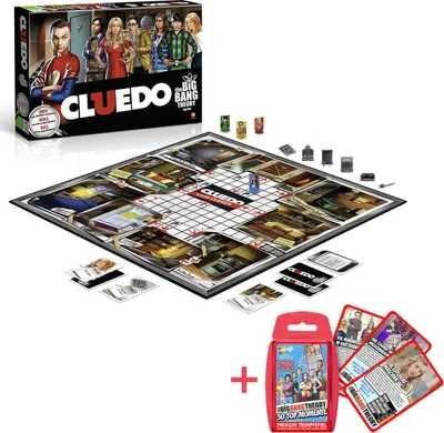 A display of the Cluedo The Big Bang Theory board game and Top Trumps The Big Bang Theory card game.