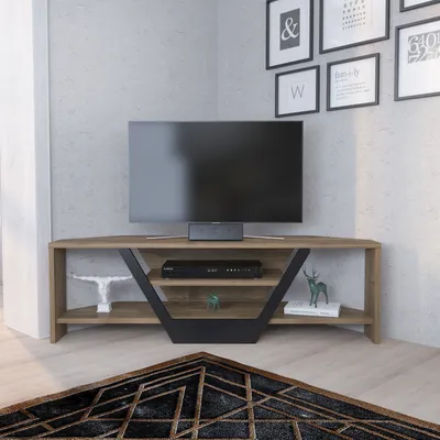 Produktbild von Decorotika Sares TV-Lowboard aus 18 mm melaminbeschichteter Spanplatte, 120 x 35 x 36,8 cm, offene Ablagen, MDF-Frontbein, Walnuss/Schwarz
