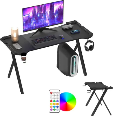 Image de TWOLIIN Table de jeu avec LED,140x60x75cm table d'ordinateur RGB avec surface en fibre de carbone,bureau avec télécommande,porte-tasse et crochet pour casque,table de jeu ergonomique Y-Frame,noir