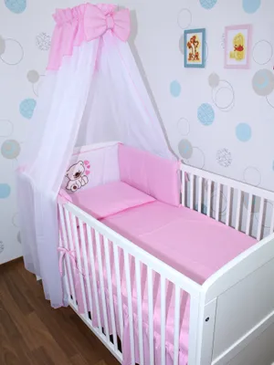Produktbild von Primawela Baby Bettwäsche Set mit Applikation- 6 teiliges Set mit Chiffon Himmel Bettset Nestchen- 4.Bärchen mit Herzen-Rosa