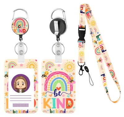 Produktbild von Ausweishalter mit Umhängeband, Ausweishalter mit Regenbogenblumenmotiv, erweiterbar mit Karabinerhaken, Kartenhalter mit abnehmbarem Umhängeband, Schlüsselring für Kinder, Schüler, Lehrer und Krankenschwestern.