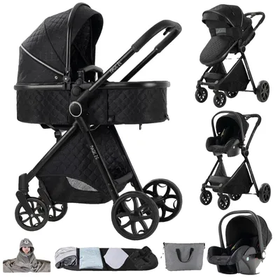 Productafbeelding van Babywagen, 4-in-1, multifunctioneel ontwerp, robuust frame van magnesiumlegering, volledig zwart